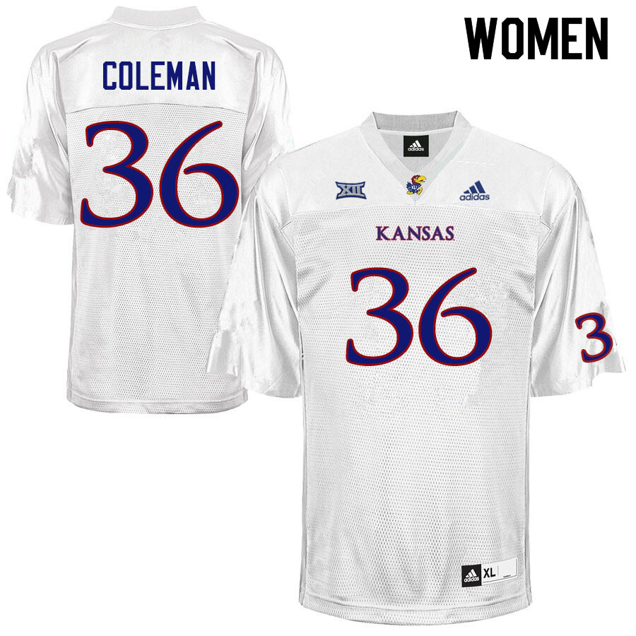 Women #36 Bryce Coleman Kansas Jayhawks College Football Jerseys Sale-White - Click Image to Close
